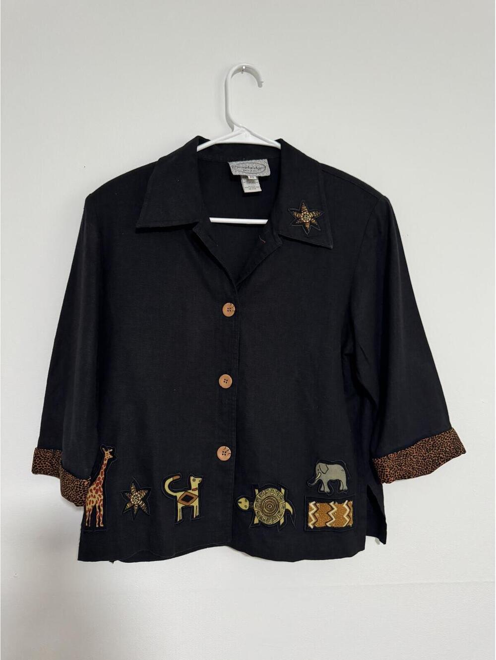 Vintage Susan Bristol Safari Animal Appliqué Linen Blend Jacket Petite Small - Picture 2 of 9